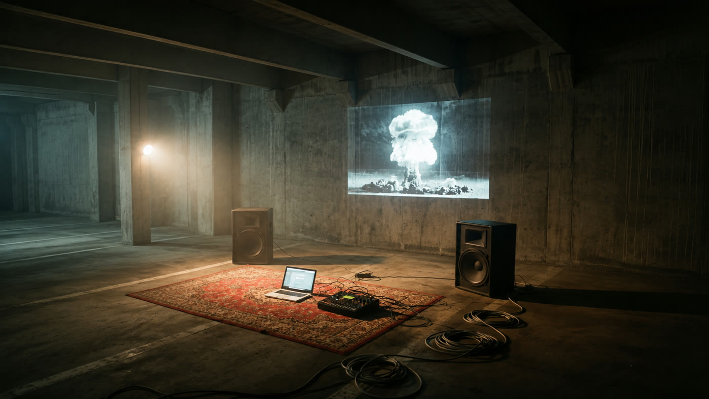 Proyector encendido en estudio subterráneo con altavoces y sintetizadores